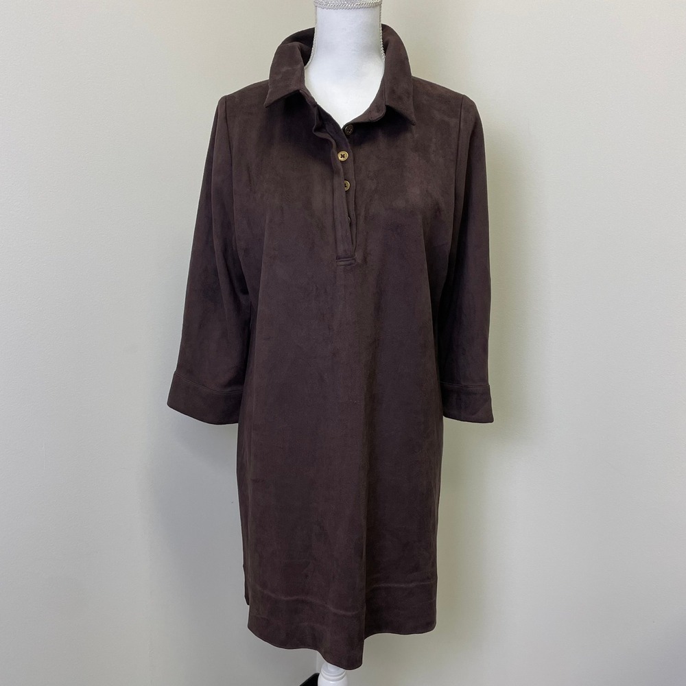 Gretchen Scott Faux Suede Polo Shift Dress XL Brown 3/4 Sleeve Minimalist